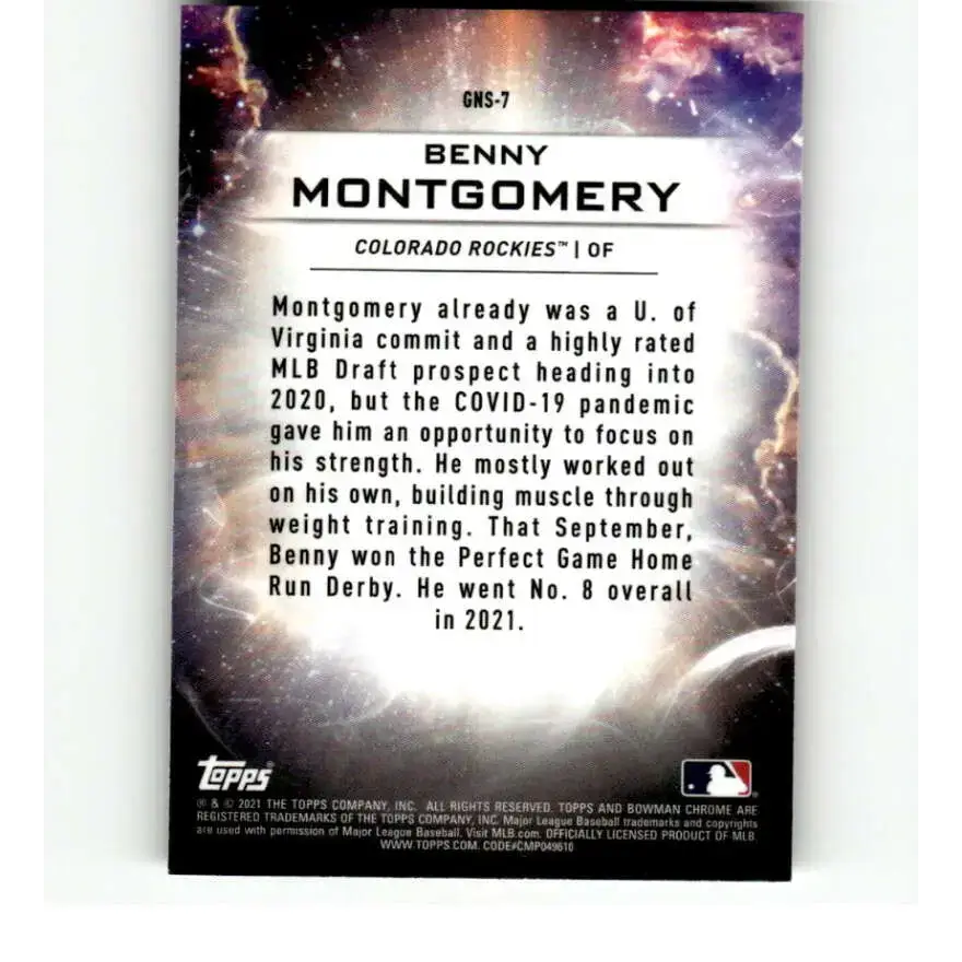 2021 Bowman Draft Genesis #GNS-7 Benny Montgomery NM-MT Colorado Rockies Baseball Card - Baseball Card Single