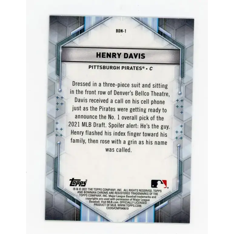 2021 Bowman Draft Draft Night #BDN-1 Henry Davis NM-MT Pittsburgh Pirates Baseball Card - Baseball Card Single