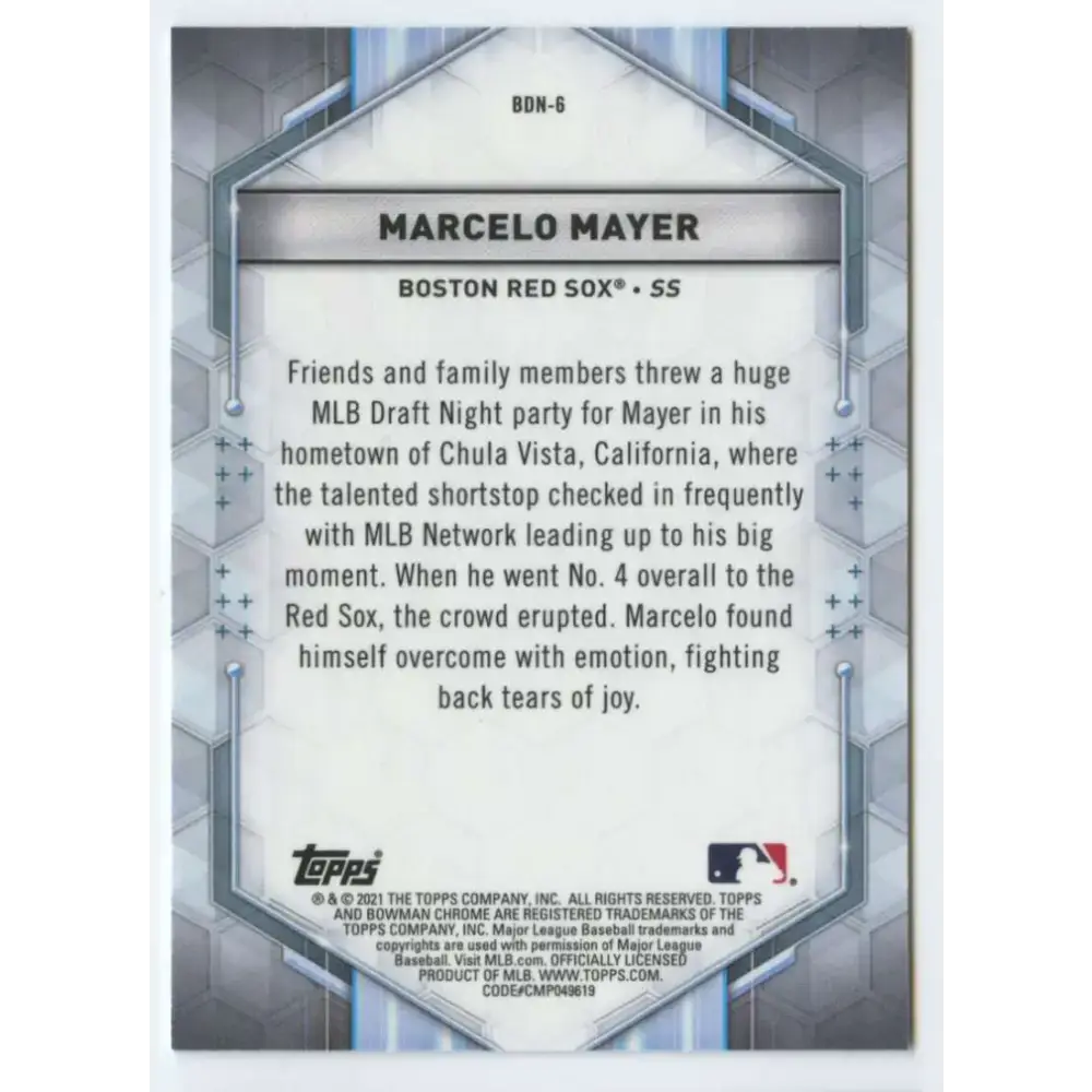 2021 Bowman Draft Draft Night #BDN-6 Marcelo Mayer NM-MT Boston Red Sox Baseball Card - Baseball Card Single