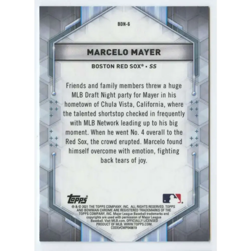 2021 Bowman Draft Draft Night #BDN-6 Marcelo Mayer NM-MT Boston Red Sox Baseball Card - Baseball Card Single