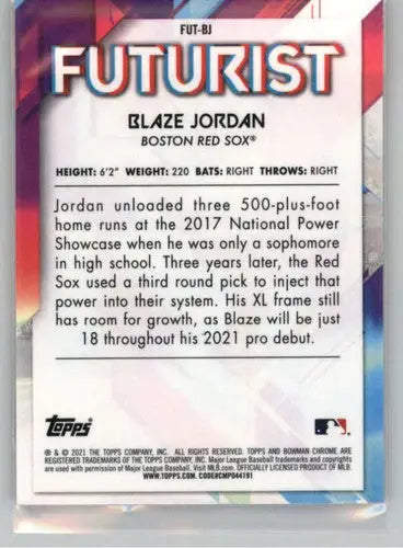 Blaze Jordan baseball card from 2021 Bowman Futurist Refractor series, Red Sox ID 46174