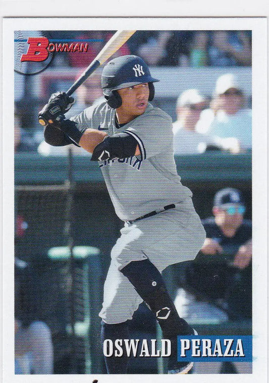 Baseball card of Oswald Peraza in a gray New York Yankees uniform from Bowman Heritage