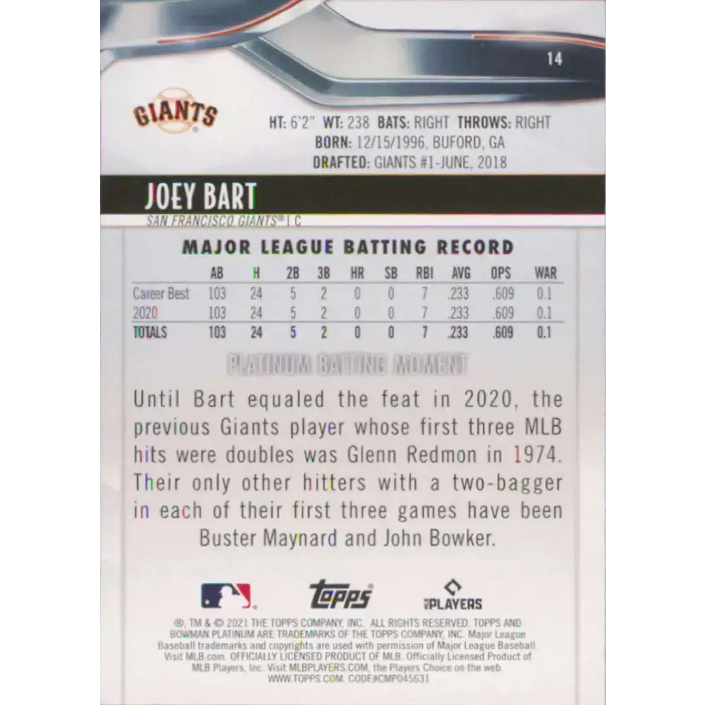 2021 Bowman Platinum #14 Joey Bart NM-MT RC Rookie San Francisco Giants Baseball Card - Baseball Card Single