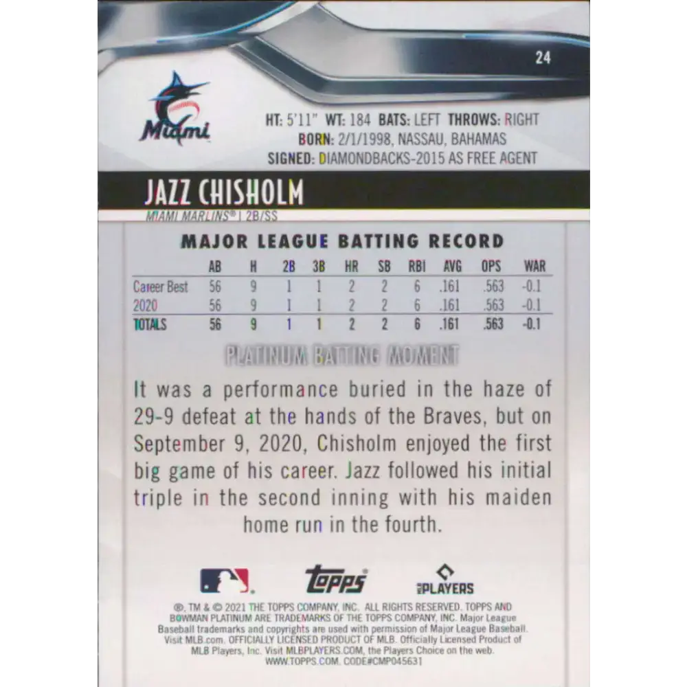 2021 Bowman Platinum #24 Jazz Chisholm NM-MT RC Rookie Miami Marlins Baseball Card - Baseball Card Single