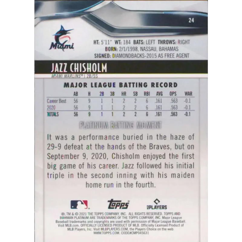 2021 Bowman Platinum #24 Jazz Chisholm NM-MT RC Rookie Miami Marlins Baseball Card - Baseball Card Single
