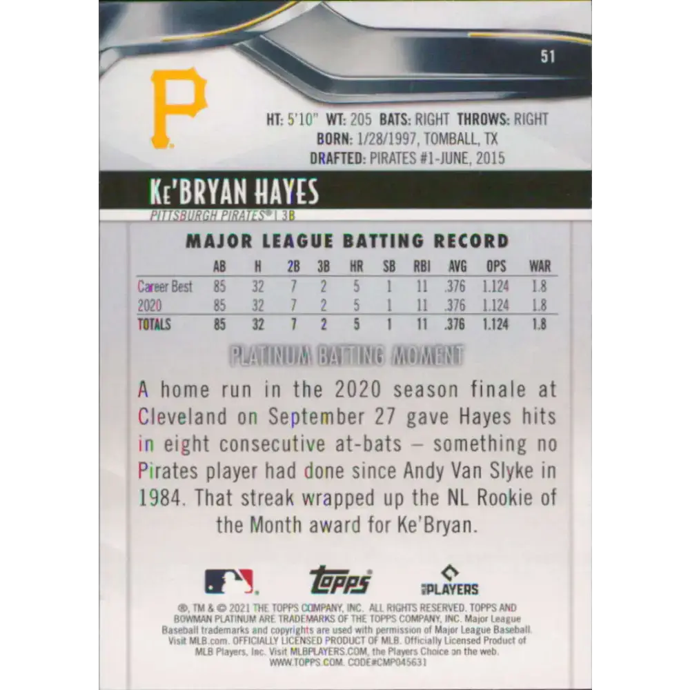 2021 Bowman Platinum #51 Ke’Bryan Hayes NM-MT RC Rookie Pittsburgh Pirates Baseball Card - Baseball Card Single