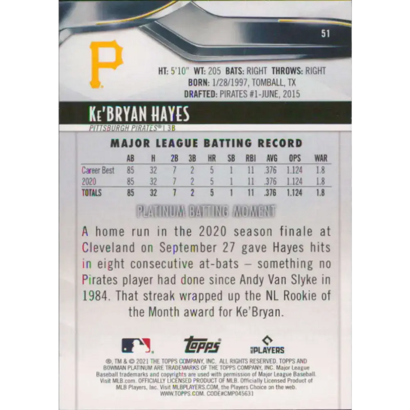 2021 Bowman Platinum #51 Ke’Bryan Hayes NM-MT RC Rookie Pittsburgh Pirates Baseball Card - Baseball Card Single