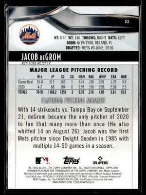 2021 Bowman Platinum #53 Jacob deGrom Foilboard #/299 - Baseball Card Single