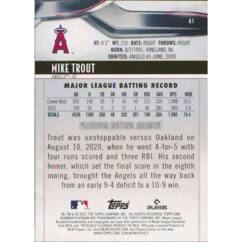 2021 Bowman Platinum #61 Mike Trout NM-MT Los Angeles Angels Baseball Card - Baseball Card Single