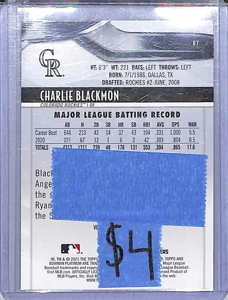 2021 Bowman Platinum #67 Charlie Blackmon NM-MT Colorado Rockies - Baseball Card Single