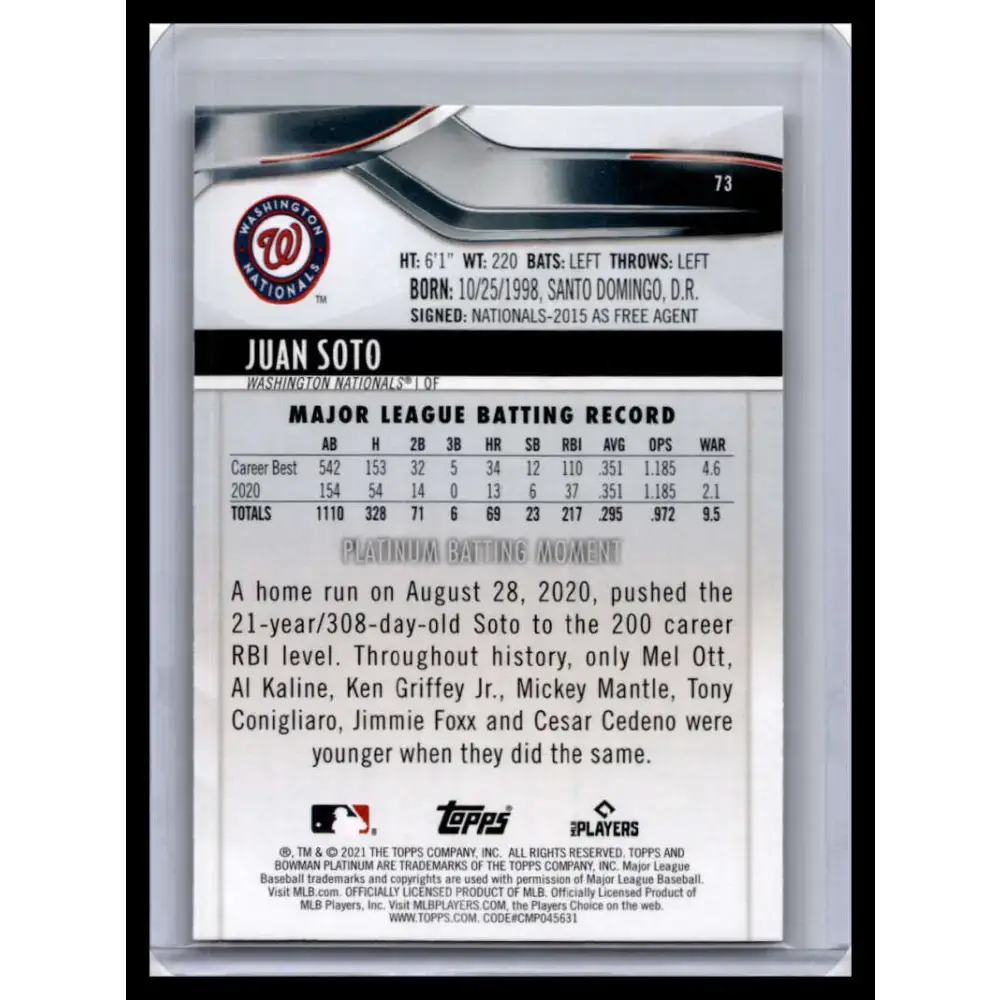2021 Bowman Platinum #73 Juan Soto NM-MT Washington Nationals Baseball Card - Baseball Card Single