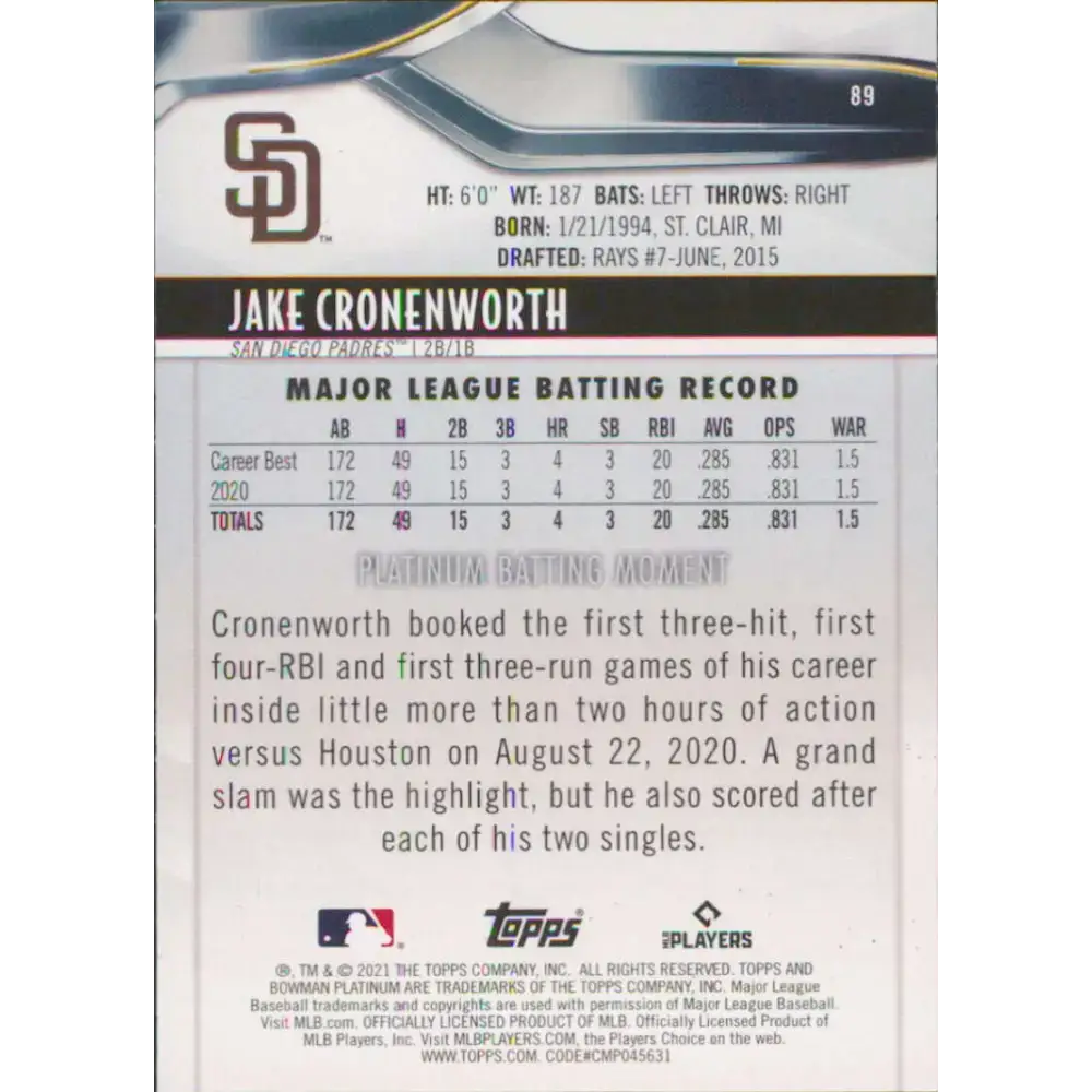 2021 Bowman Platinum #89 Jake Cronenworth NM-MT RC Rookie San Diego Padres Baseball Card - Baseball Card