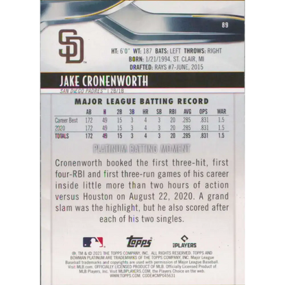 2021 Bowman Platinum #89 Jake Cronenworth NM-MT RC Rookie San Diego Padres Baseball Card - Baseball Card