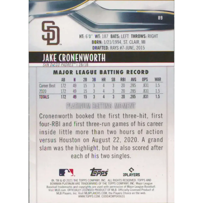 2021 Bowman Platinum #89 Jake Cronenworth NM-MT RC Rookie San Diego Padres Baseball Card - Baseball Card Single