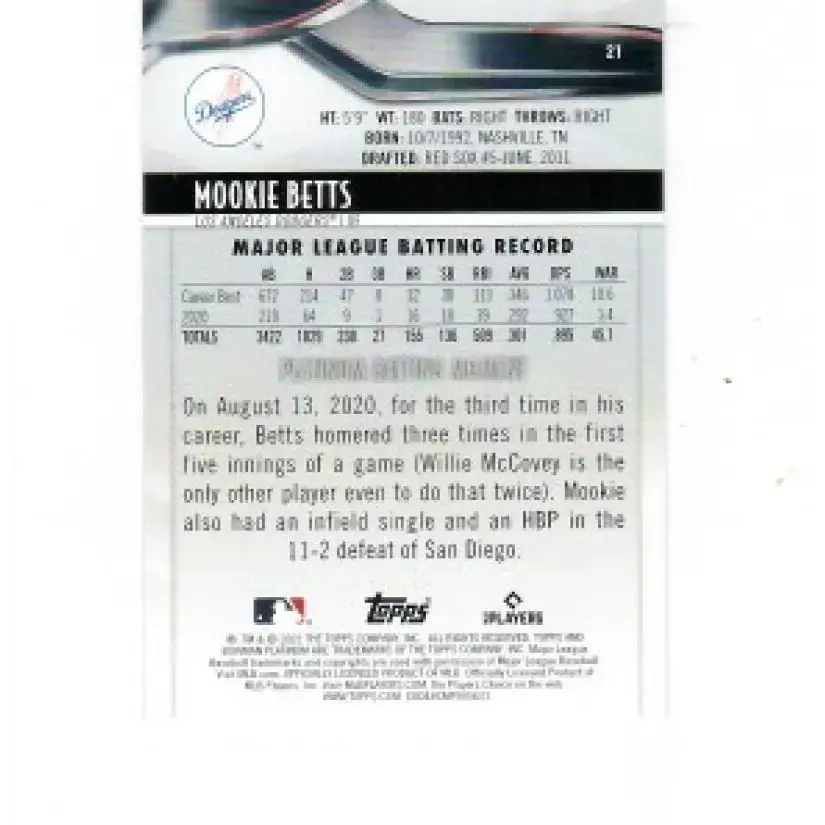 2021 Bowman Platinum Ice Foil #21 Mookie Betts NM-MT Los Angeles Dodgers Baseball Card - Baseball Card Single