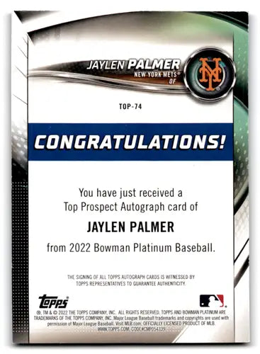 2021 Bowman Prospect Autographs Blue #PAPR-JP Jaylen Palmer NM Near Min ID:66402 - Baseball Card Single