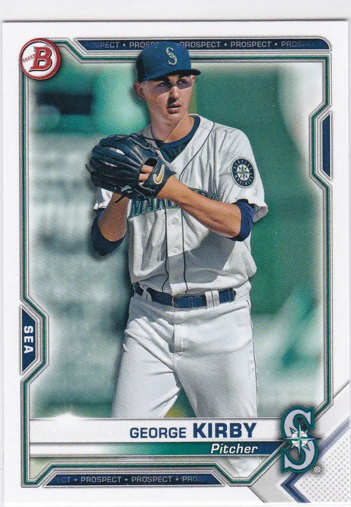 Baseball card of Seattle Mariners pitcher George Kirby in white uniform trading cards
