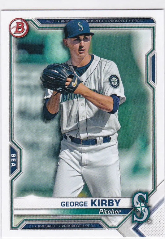 Baseball card of Seattle Mariners pitcher George Kirby in white uniform trading cards