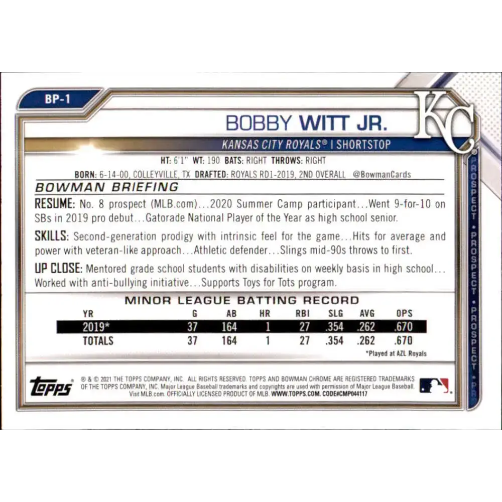 2021 Bowman Prospects #BP-1 Bobby Witt Jr. NM-MT Kansas City Royals Baseball Card - Baseball Card Single