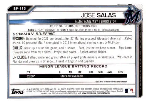 2021 Bowman Prospects Jose Salas Marlins first Bowman Card with original gloss