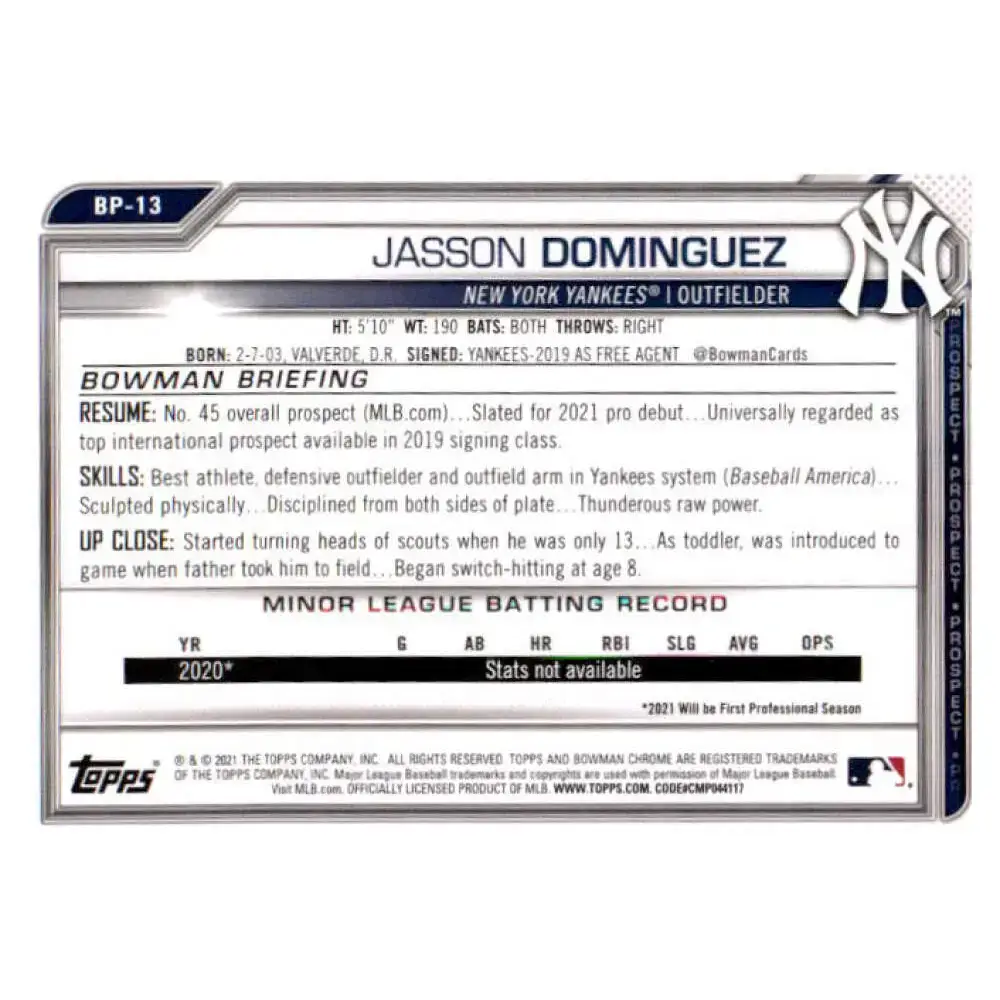 2021 Bowman Prospects #BP-13 Jasson Dominguez NM-MT New York Yankees Baseball Card - Baseball Card Single