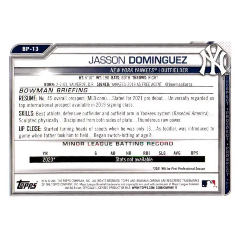 2021 Bowman Prospects #BP-13 Jasson Dominguez NM-MT New York Yankees Baseball Card - Baseball Card Single