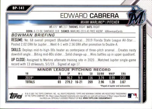 Edward Cabrera baseball card from Bowman Prospects 2021 with original gloss