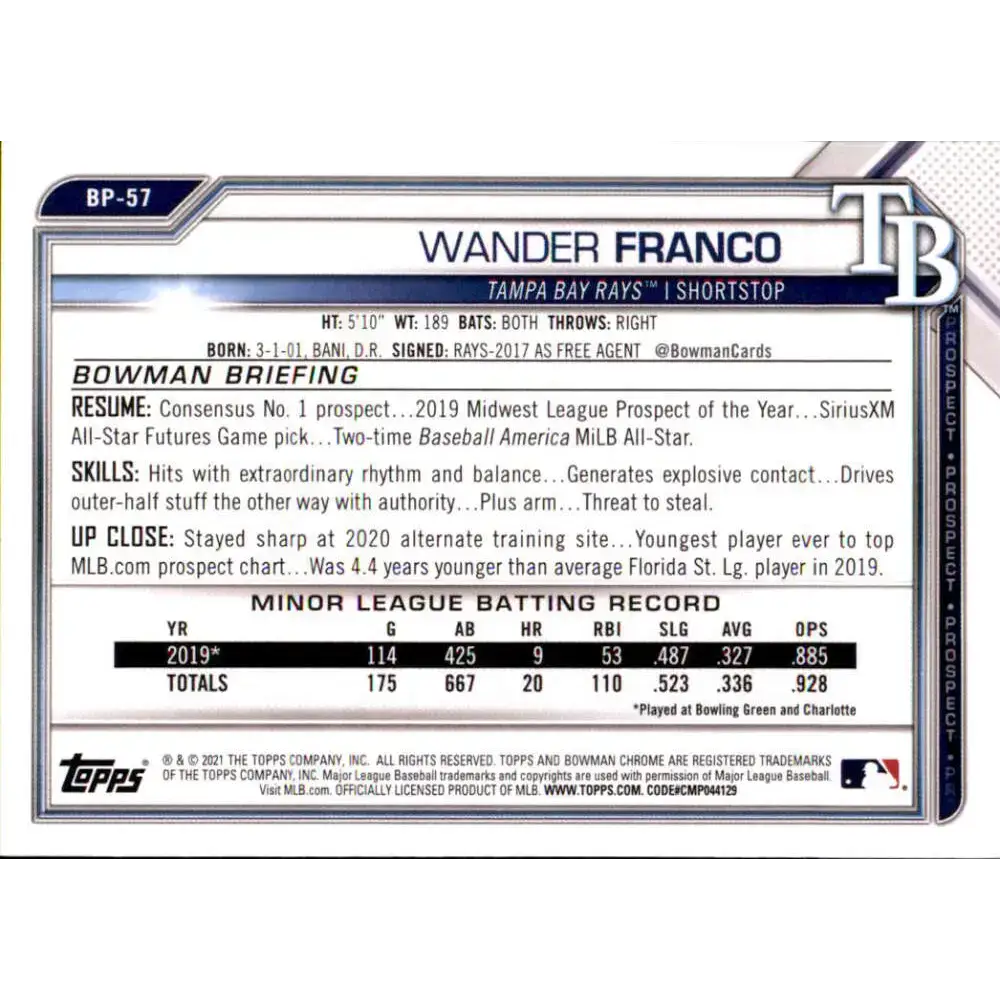 2021 Bowman Prospects #BP-57 Wander Franco NM-MT Tampa Bay Rays Baseball Card - Baseball Card Single