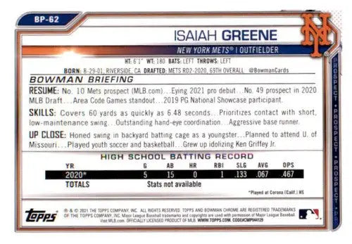 Isaiah Greene Bowman Prospects baseball card with original gloss in 2021 Bowman Prospects series