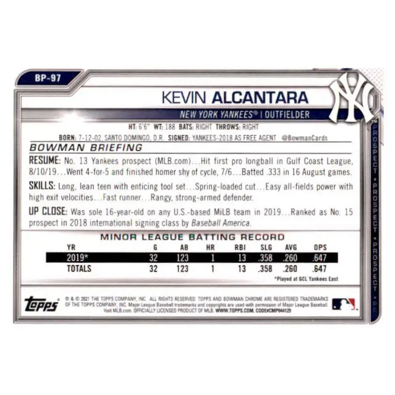 2021 Bowman Prospects #BP-97 Kevin Alcantara NM-MT New York Yankees Baseball Card - Baseball Card Single