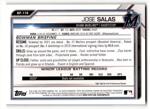 2021 Bowman Prospects Camo #BP-110 Jose Salas NM-MT Marlins 1st Bowman ID:46185 - Baseball Card Single