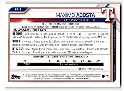 Maximo Acosta Bowman Prospects Camo baseball card from 2021 Bowman Prospects series
