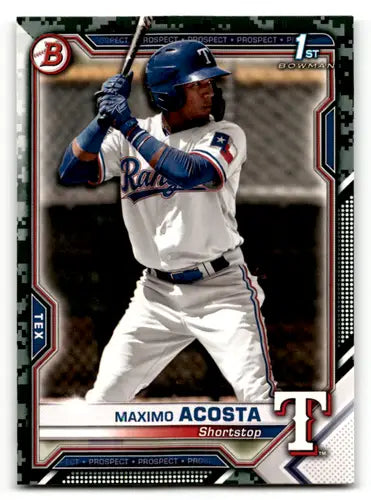 Maximo Acosta baseball card from 2021 Bowman Prospects Camo series, first Bowman ID 46184