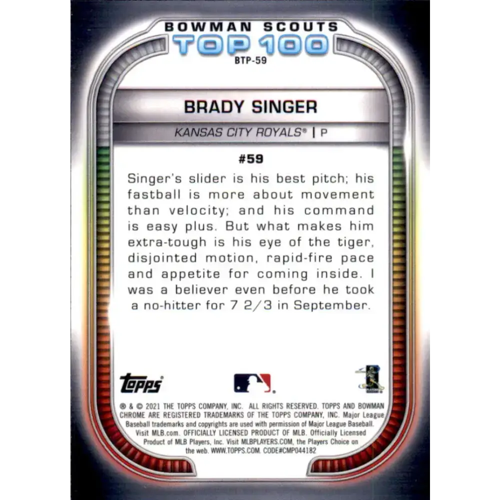 2021 Bowman Scout’s Top 100 Refractor #BTP-59 Brady Singer NM-MT Kansas City Royals Baseball Card - Baseball Card Single