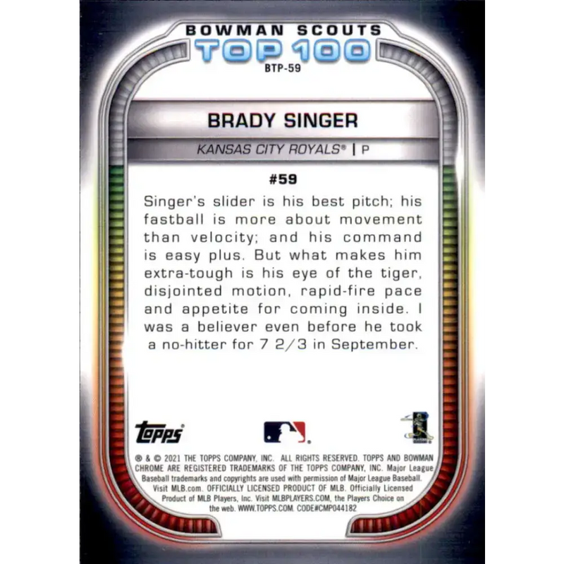 2021 Bowman Scout’s Top 100 Refractor #BTP-59 Brady Singer NM-MT Kansas City Royals Baseball Card - Baseball Card Single
