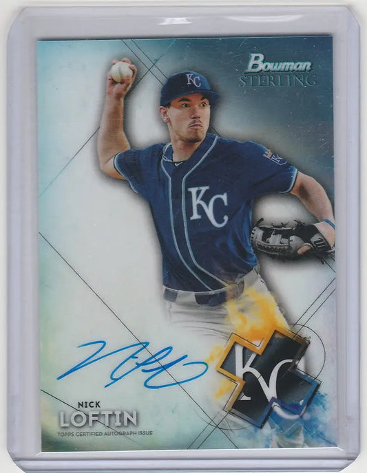 Baseball trading card of Nick Loftin in throwing motion for Kansas City Royals Bowman Sterling Auto