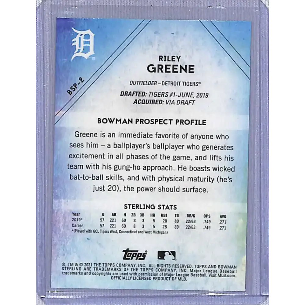 2021 Bowman Sterling #BSP-2 Riley Greene NM-MT Baseball Card - Baseball Card Single