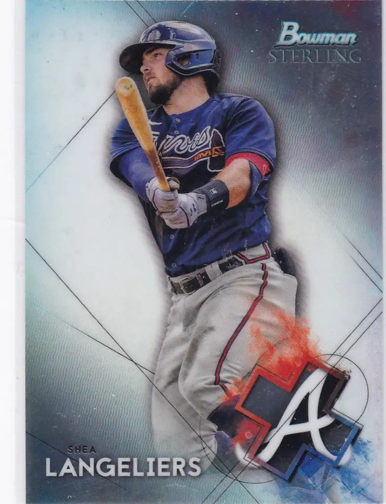 Baseball trading card of Shea Langeliers mid-swing from Bowman Sterling Atlanta Braves