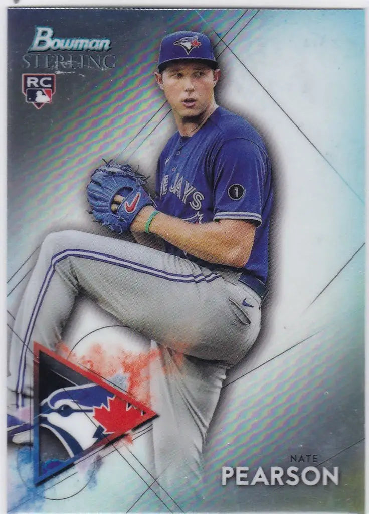 Baseball card of Nate Pearson Toronto Blue Jays pitcher in mid-throwing motion