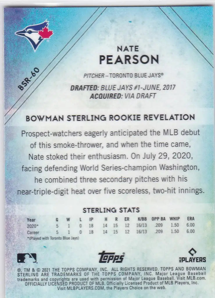Baseball card of Nate Pearson Toronto Blue Jays from the 2021 Bowman Sterling series