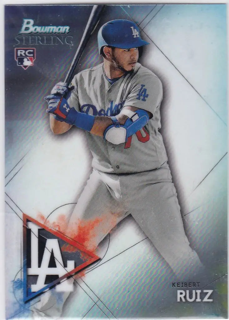 Baseball card of Keibert Ruiz rookie from Los Angeles Dodgers in batting stance