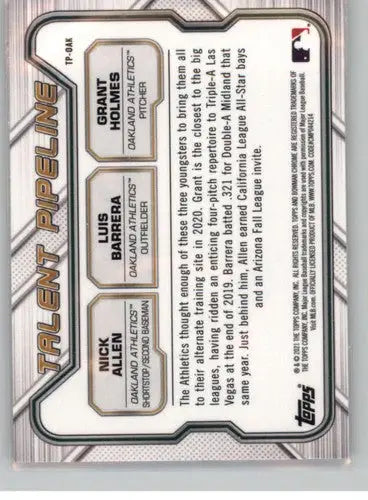 Baseball card back showcasing Bowman Talent Pipeline Refractor with original gloss for 2021 Bowman Talent Pipeline Refractor #TP-OAK Luis Barrera/Nick Allen G