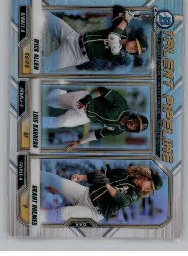 Baseball trading card from 2021 Bowman Talent Pipeline Refractor featuring Luis Barrera and Nick Allen