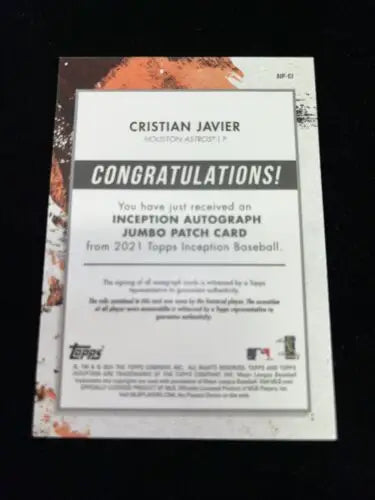 Christian Javier Topps 2021 Inception Jumbo Patch Auto baseball card #3/10 Astros