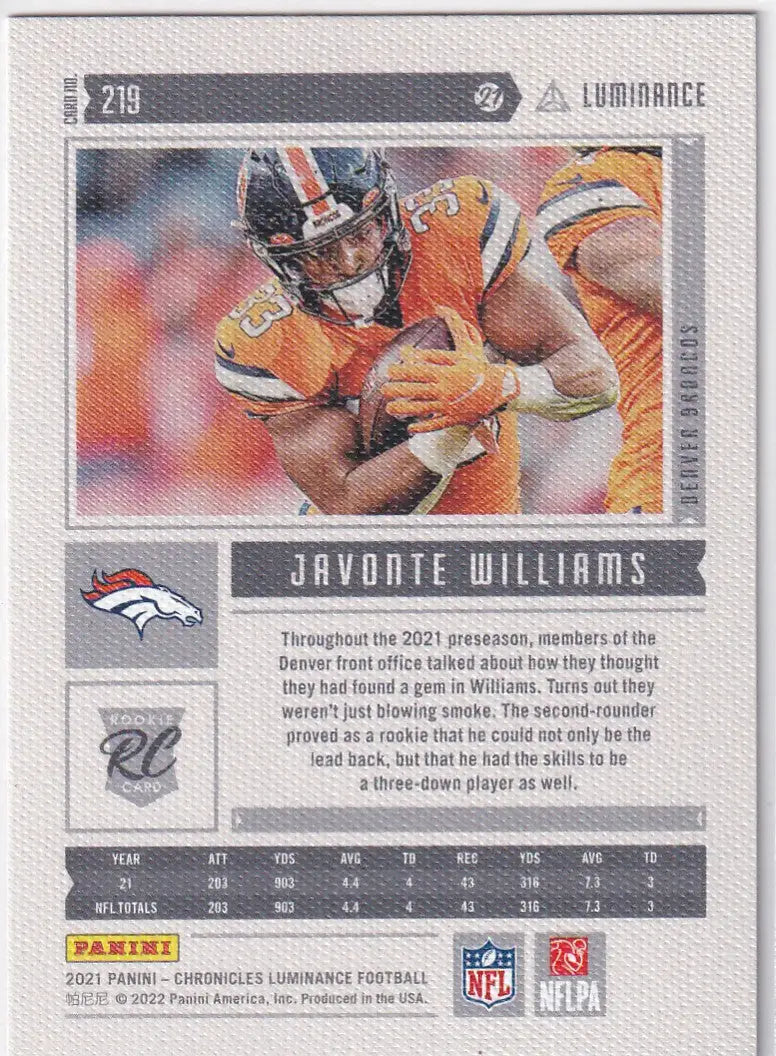 2021 CHRONICALS LUMINANCE #219 JAVONTE WILLIAMS PINK- DENVER BRONCOS