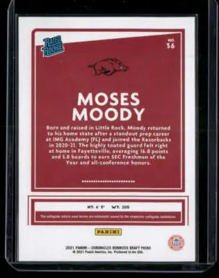 2021 Chronicles Draft Picks Moses Moody #36 Rated Rookie Basketball - Basketball Card Single