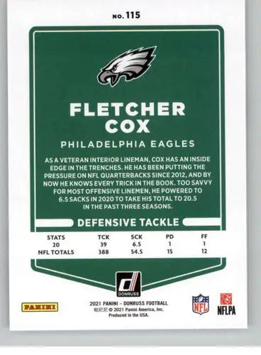 Original gloss Fletcher Cox football card from 2021 Donruss #115 Eagles simply sandoval