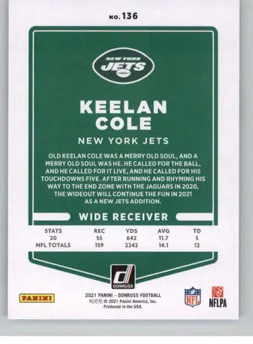 2021 Donruss #136 Keelan Cole NM-MT NY Jets ID:44452 - Football Card Single