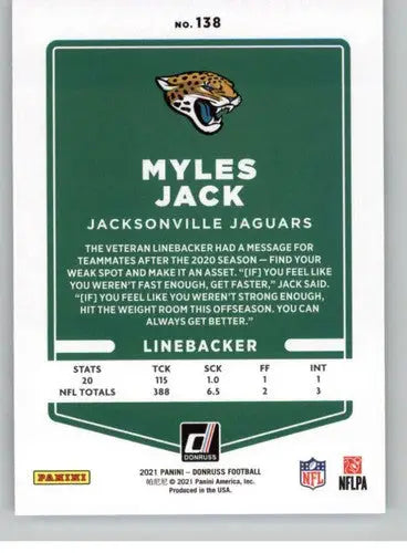 2021 Donruss Myles Jack football card Jaguars with original gloss, cards typically sell