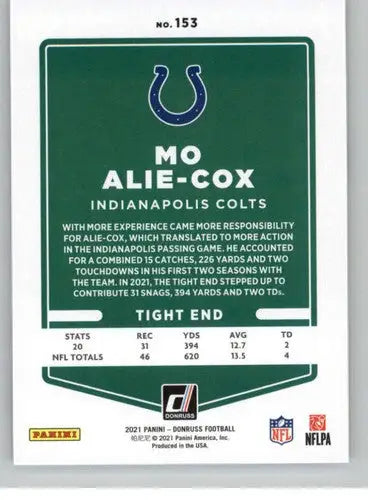 2021 Donruss Mo Alie-Cox football card featuring original gloss typical of Colts cards